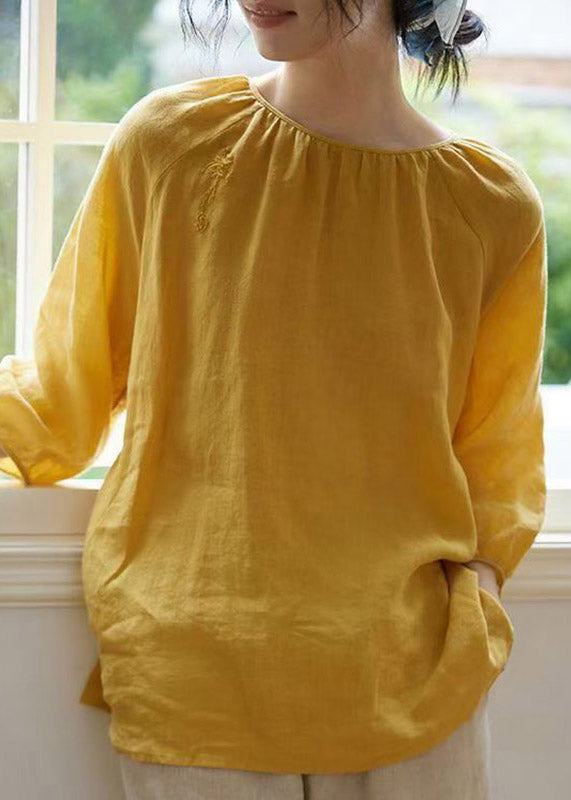 Yellow O-neck Embroidered Patchwork Linen Shirt Spring