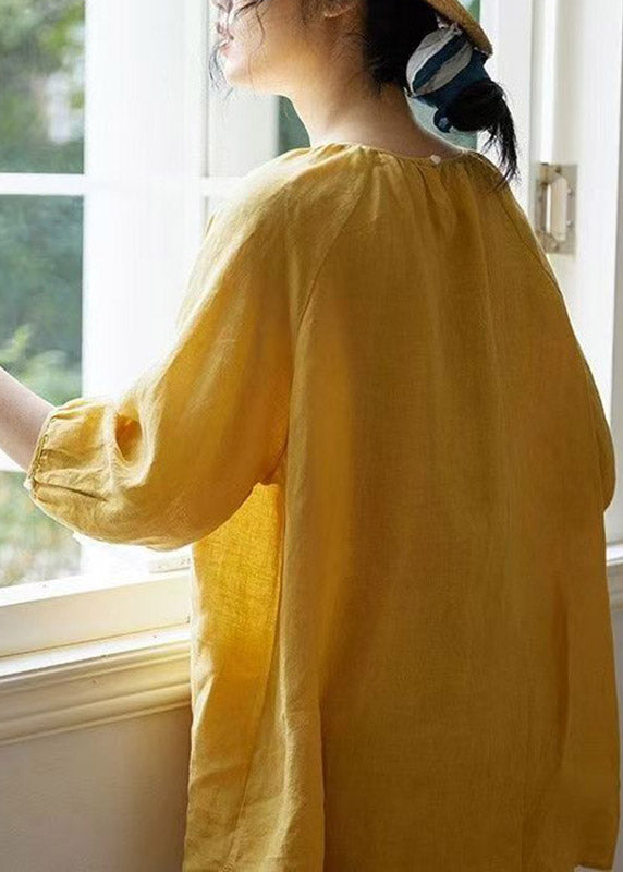 Yellow O-neck Embroidered Patchwork Linen Shirt Spring