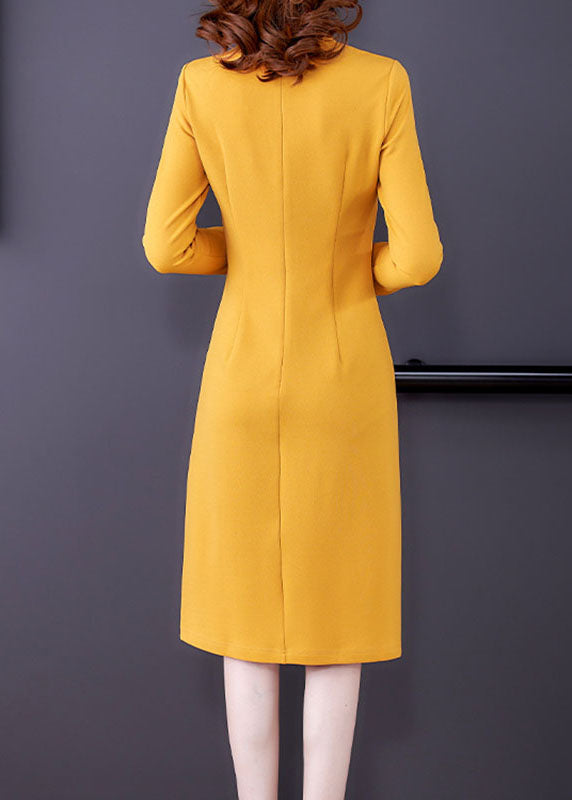 Yellow O-neck Embroidered Button Maxi Dress Fall