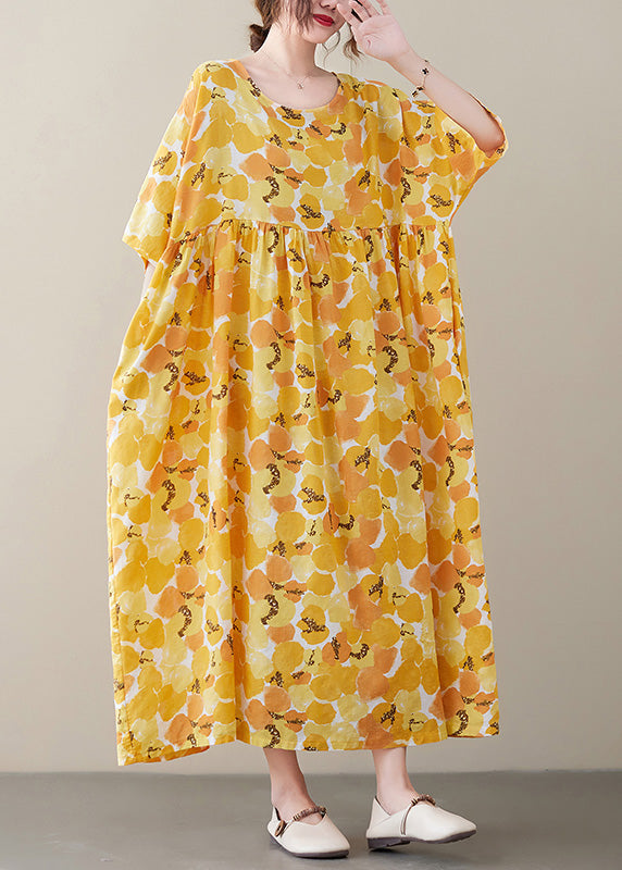 Yellow O-neck Patchwork Cozy Long Dresses Short Sleeve