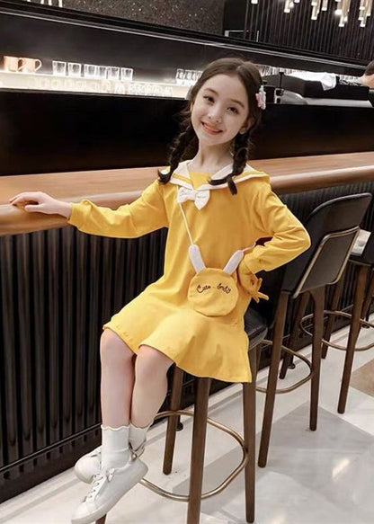 Yellow O-neck Patchwork a Line Mid Dress Long Sleeve