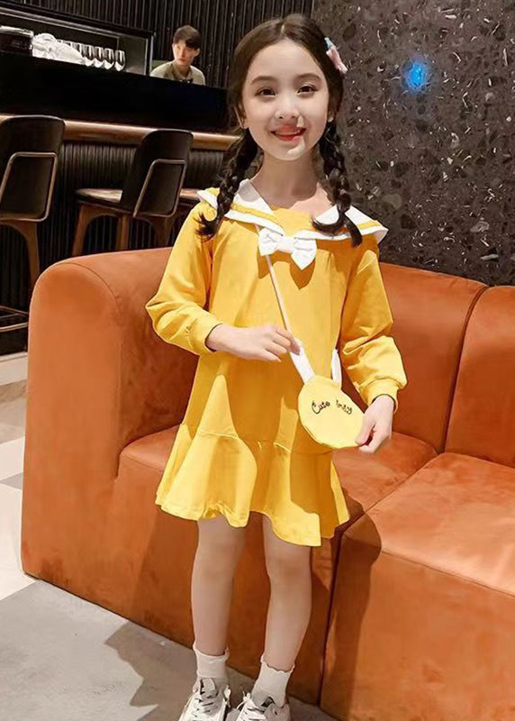 Yellow O-neck Patchwork a Line Mid Dress Long Sleeve