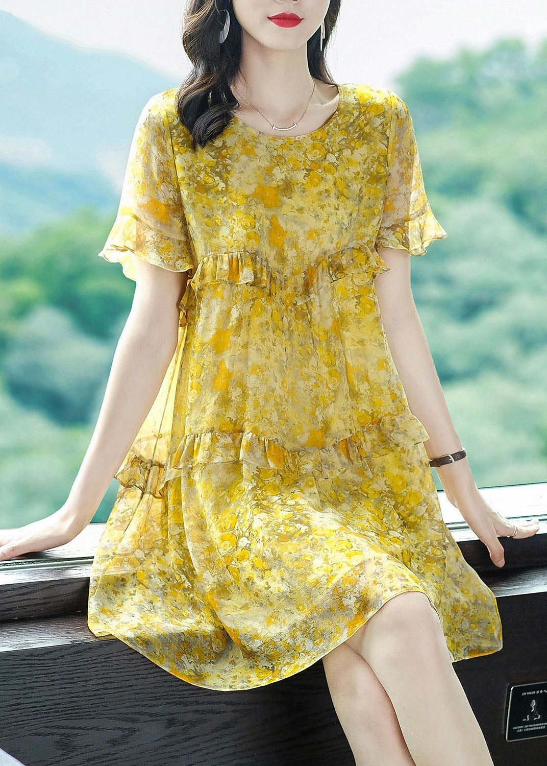 Yellow O-neck Patchwork Ruffles Print Chiffon Holiday Dress Summer