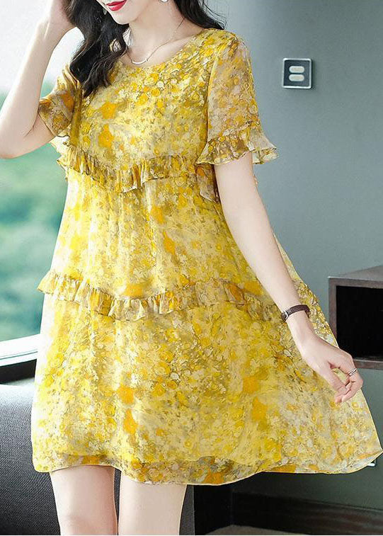 Yellow O-neck Patchwork Ruffles Print Chiffon Holiday Dress Summer