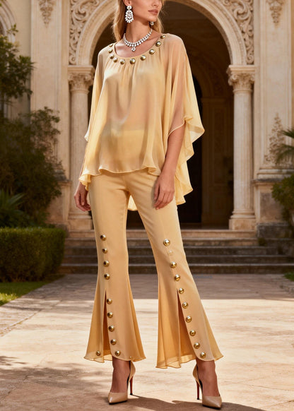 Yellow O-neck Rivet Chiffon Top and Flared Trousers Two Piece Set Flare Sleeve