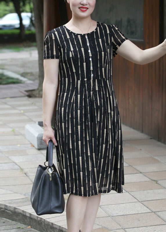 Yellow O-neck Striped Long Dress Short Sleeve