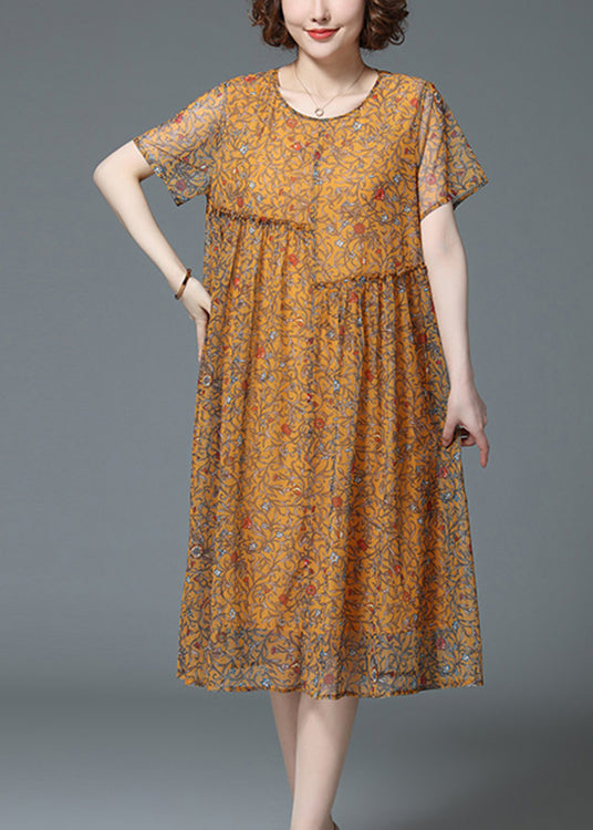 Yellow O-neck Wrinkled Ruffled Print Chiffon Dress Short Sleeve