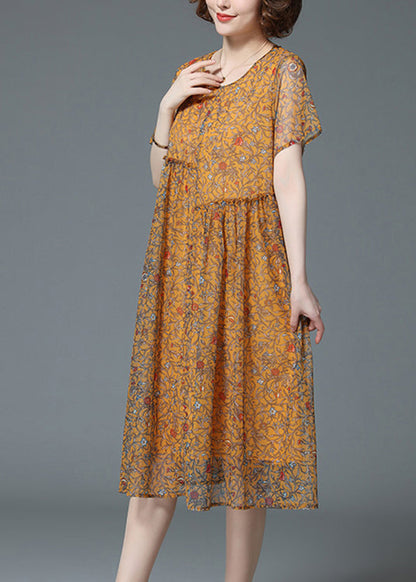 Yellow O-neck Wrinkled Ruffled Print Chiffon Dress Short Sleeve
