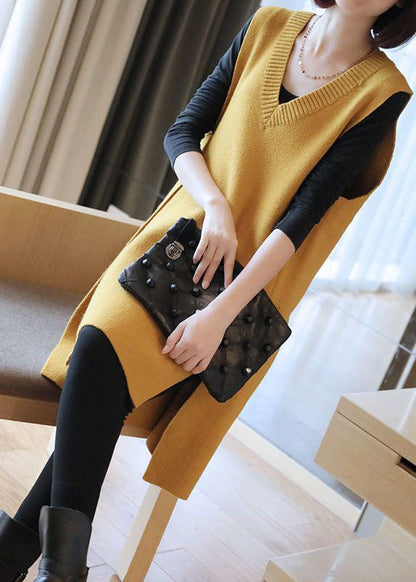 Yellow Oversized Side Open Knit Long Vests Sleeveless