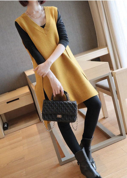 Yellow Oversized Side Open Knit Long Vests Sleeveless