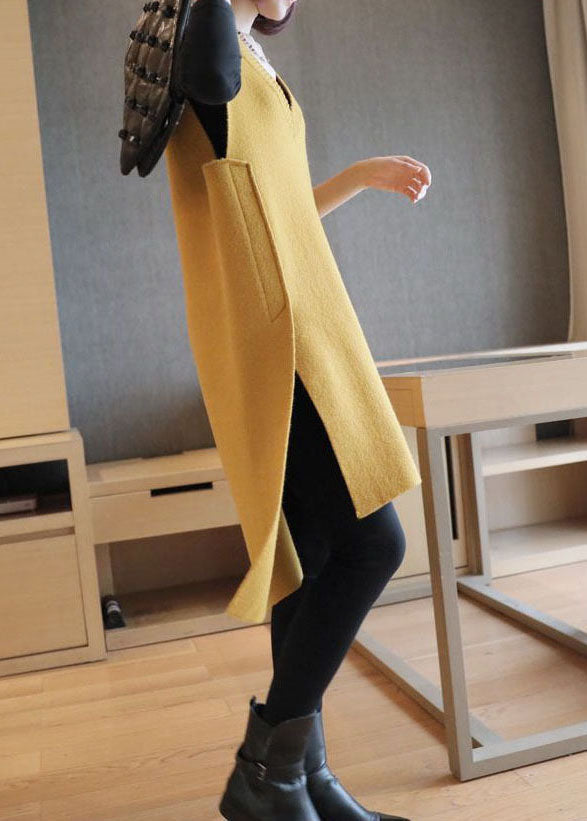 Yellow Oversized Side Open Knit Long Vests Sleeveless