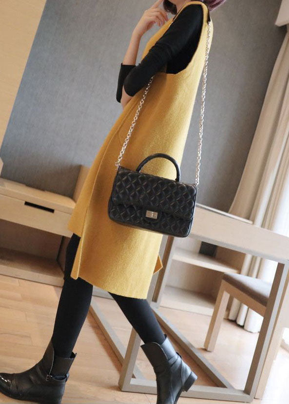 Yellow Oversized Side Open Knit Long Vests Sleeveless