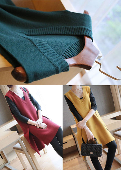 Yellow Oversized Side Open Knit Long Vests Sleeveless