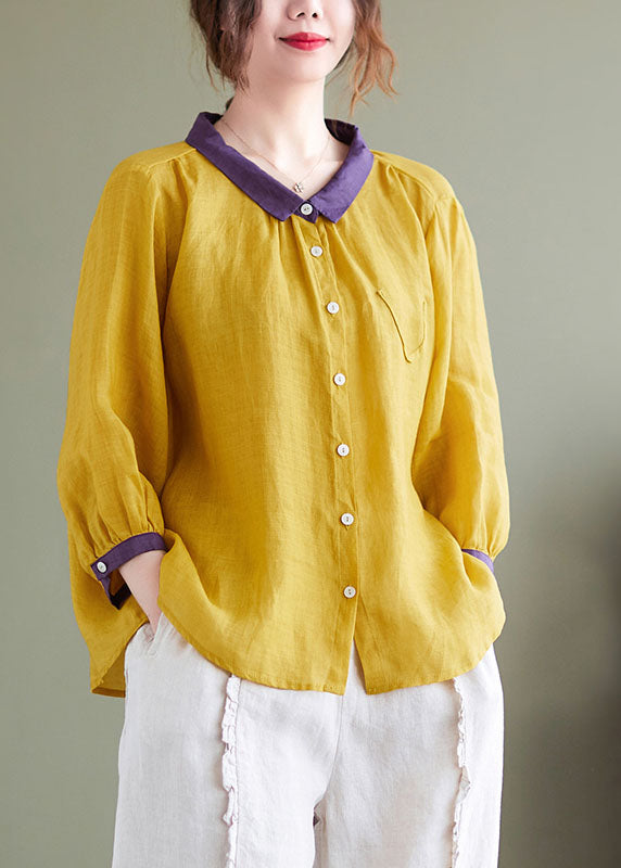 Yellow Peter Pan Collar Patchwork Linen Shirt Top Bracelet Sleeve