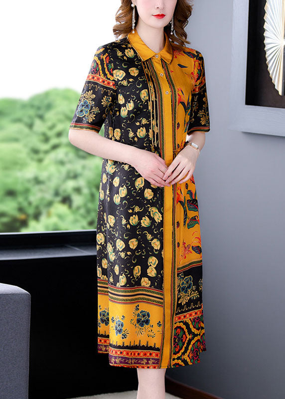 Yellow Peter Pan Collar Print Silk Shirt Dress for Short Sleeve