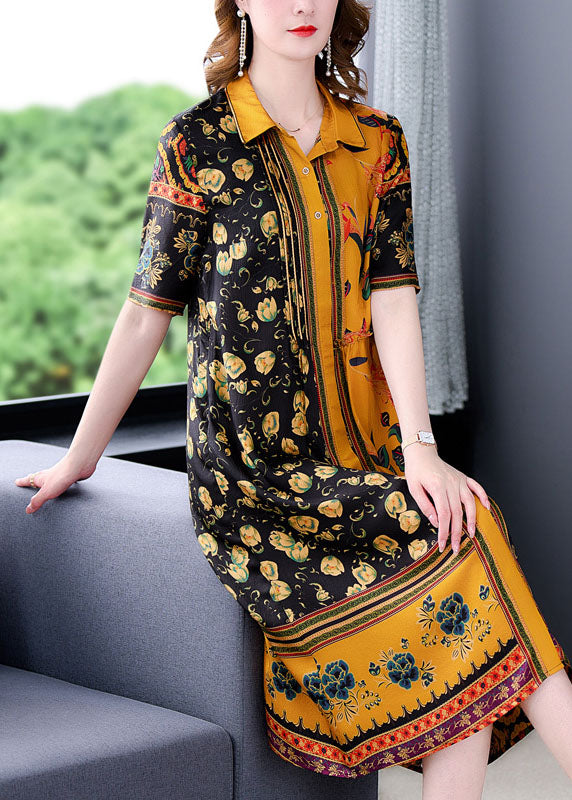 Yellow Peter Pan Collar Print Silk Shirt Dress for Short Sleeve
