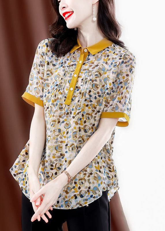 Yellow Peter Pan Collar Print Wrinkled Chiffon Blouses Summer