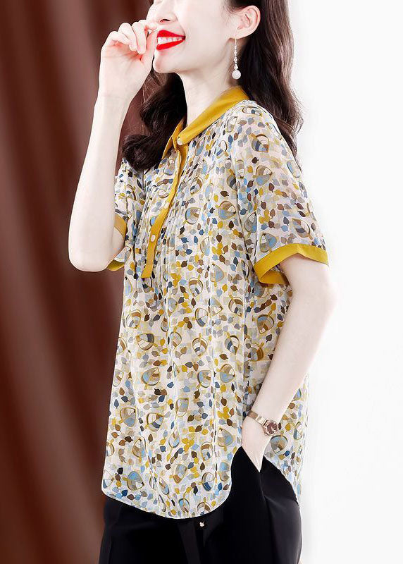 Yellow Peter Pan Collar Print Wrinkled Chiffon Blouses Summer