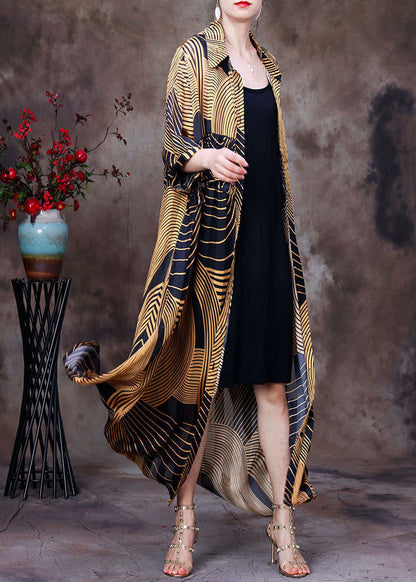 Yellow Peter Pan Collar Wrinkled Striped Print Chiffon Long Shirt Half Sleeve