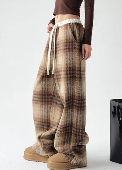 Yellow Plaid Warm Fleece Draping Woolen Wide Leg Pants Spring