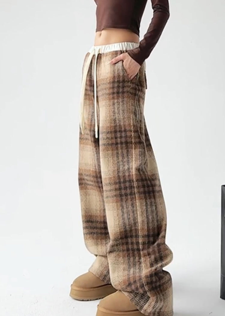 Yellow Plaid Warm Fleece Draping Woolen Wide Leg Pants Spring
