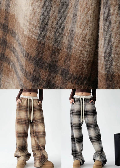 Yellow Plaid Warm Fleece Draping Woolen Wide Leg Pants Spring