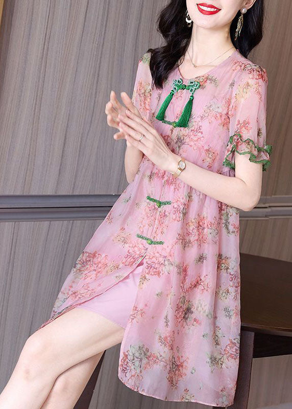 Yellow Print Chinese Button Tassel Silk Mid Dresses Summer