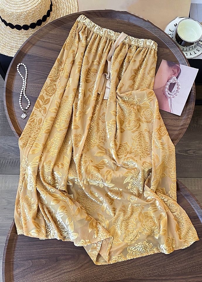 Yellow Print Drawstring Cotton Skirts Spring