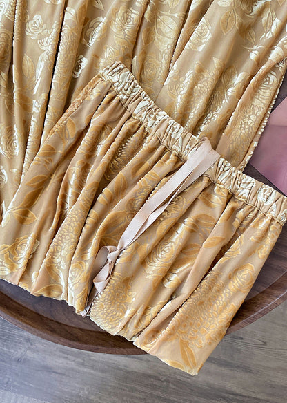 Yellow Print Drawstring Cotton Skirts Spring