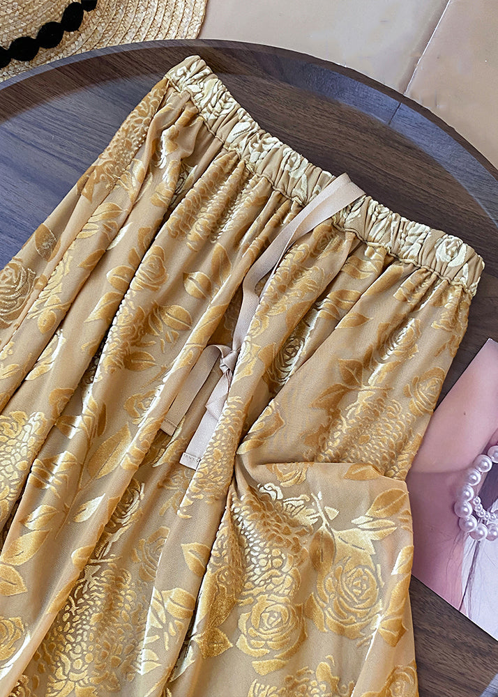 Yellow Print Drawstring Cotton Skirts Spring