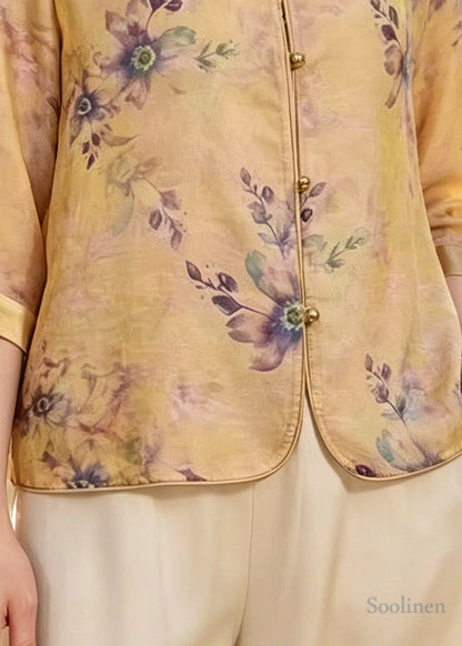 Yellow Print Silk Blouse Tops Bracelet Sleeve