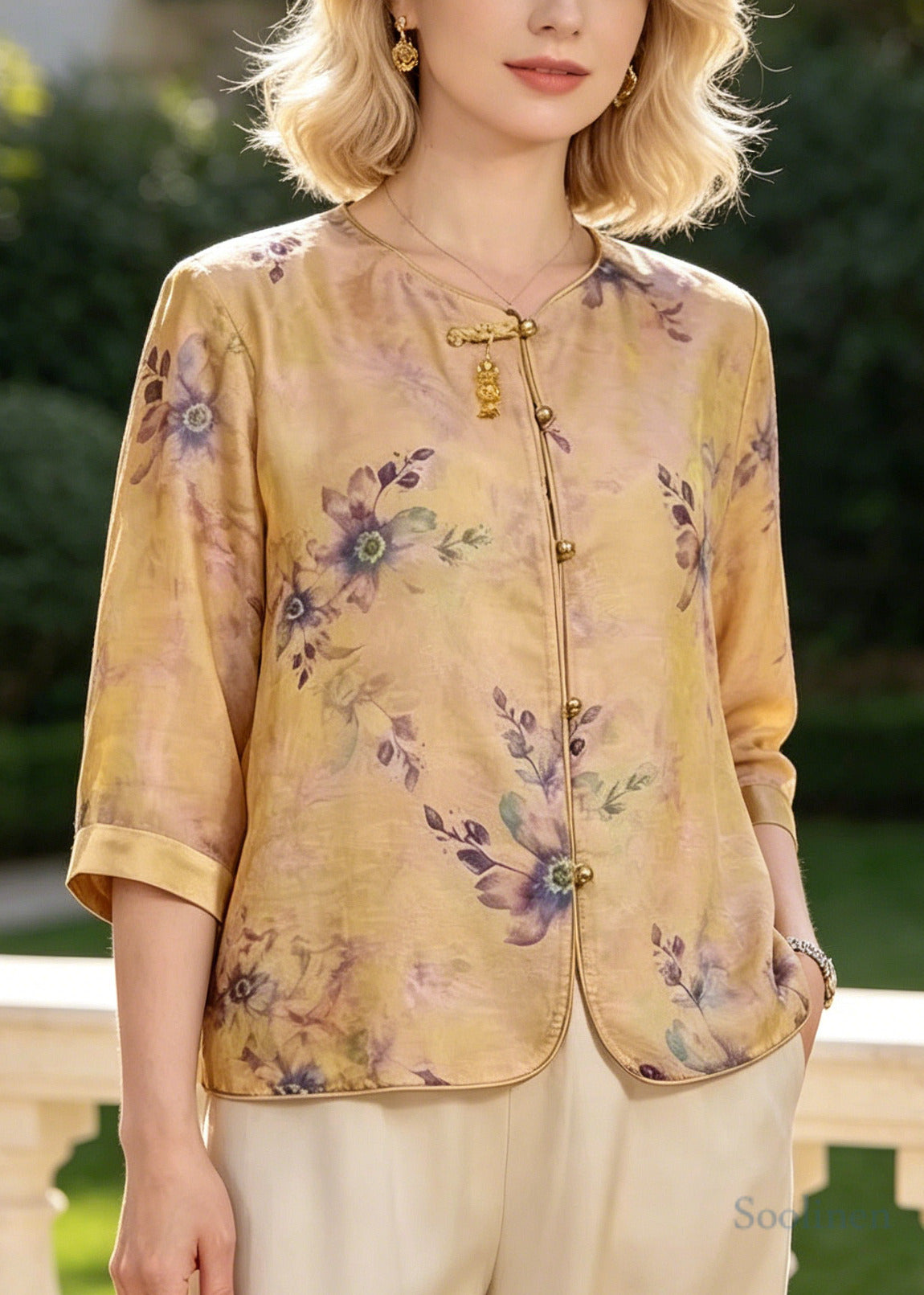 Yellow Print Silk Blouse Tops Bracelet Sleeve