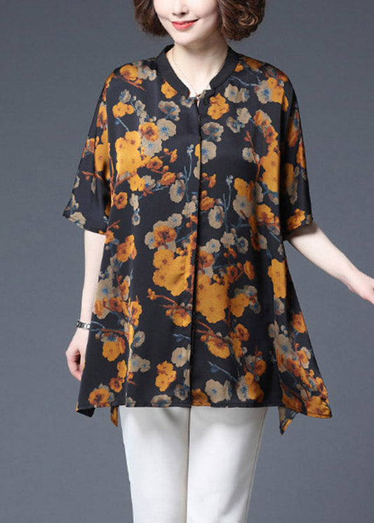 Yellow Print Stand Collar Button Chiffon Tops Half Sleeve