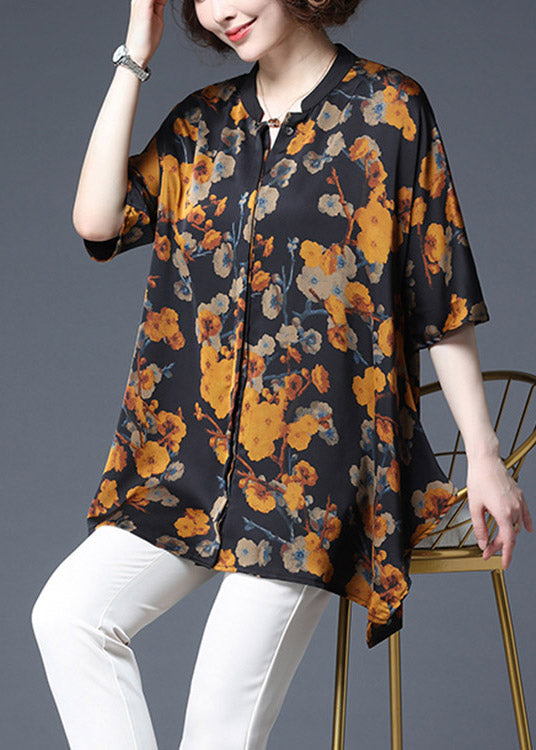 Yellow Print Stand Collar Button Chiffon Tops Half Sleeve