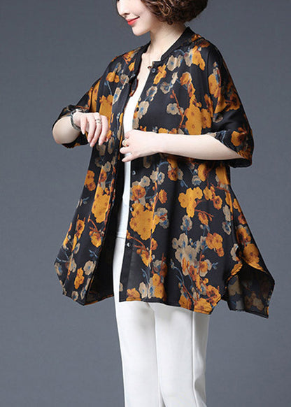 Yellow Print Stand Collar Button Chiffon Tops Half Sleeve
