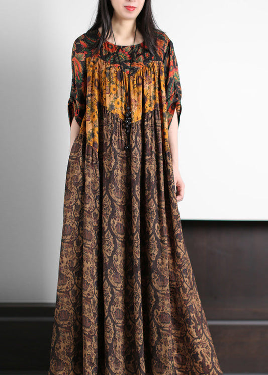Yellow Print Wrinkled Silk Long Dress Summer