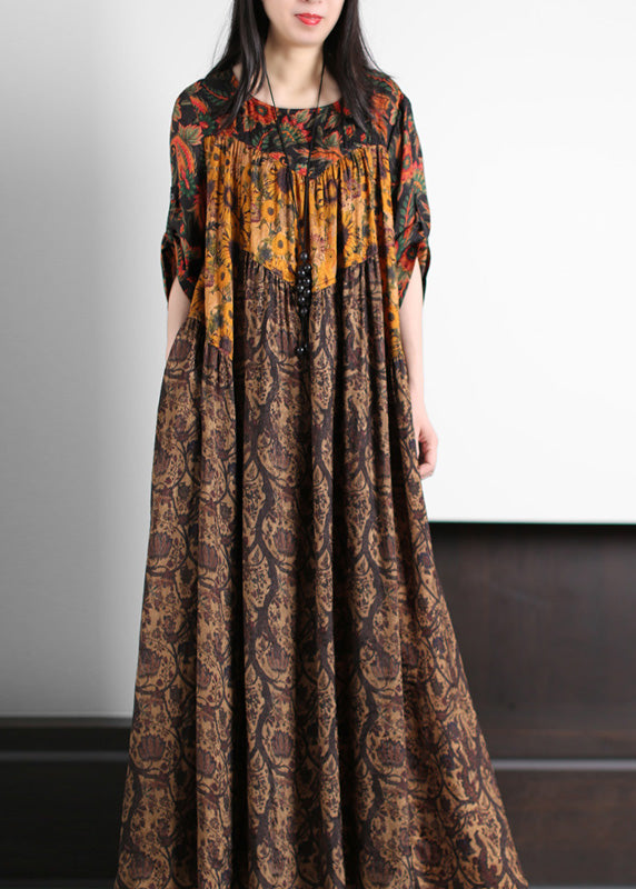Yellow Print Wrinkled Silk Long Dress Summer