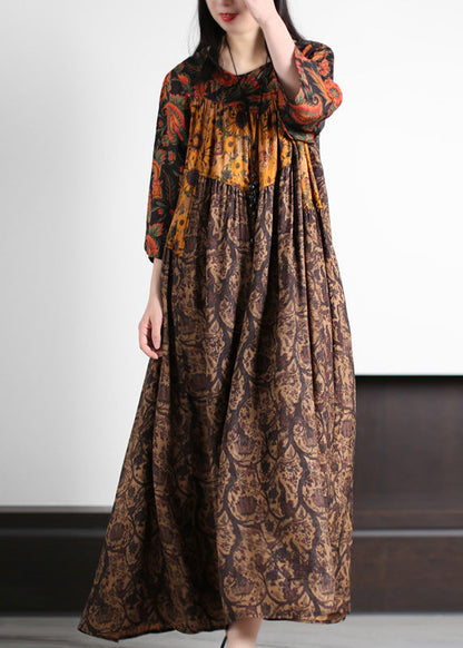 Yellow Print Wrinkled Silk Long Dress Summer