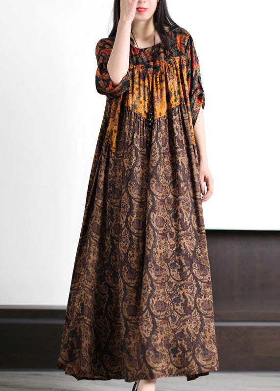Yellow Print Wrinkled Silk Long Dress Summer