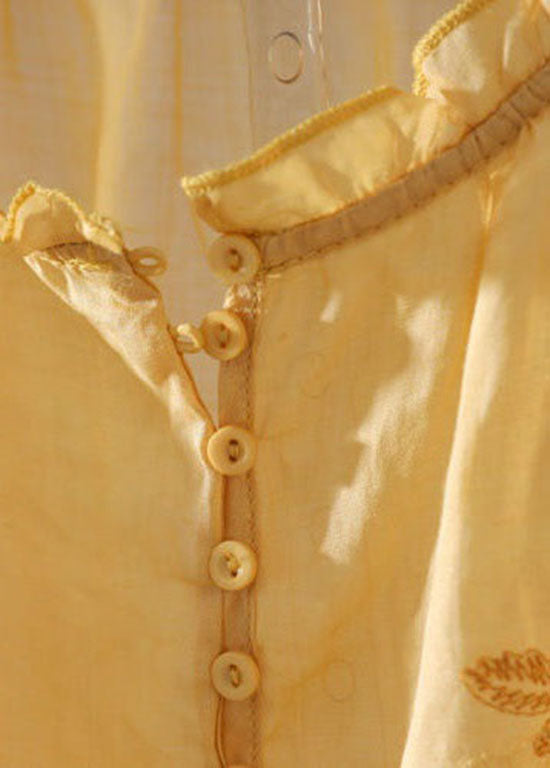 Yellow Ruffled Patchwork Linen T Shirt Tops Summer