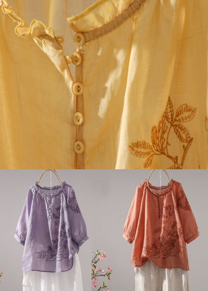 Yellow Ruffled Patchwork Linen T Shirt Tops Summer
