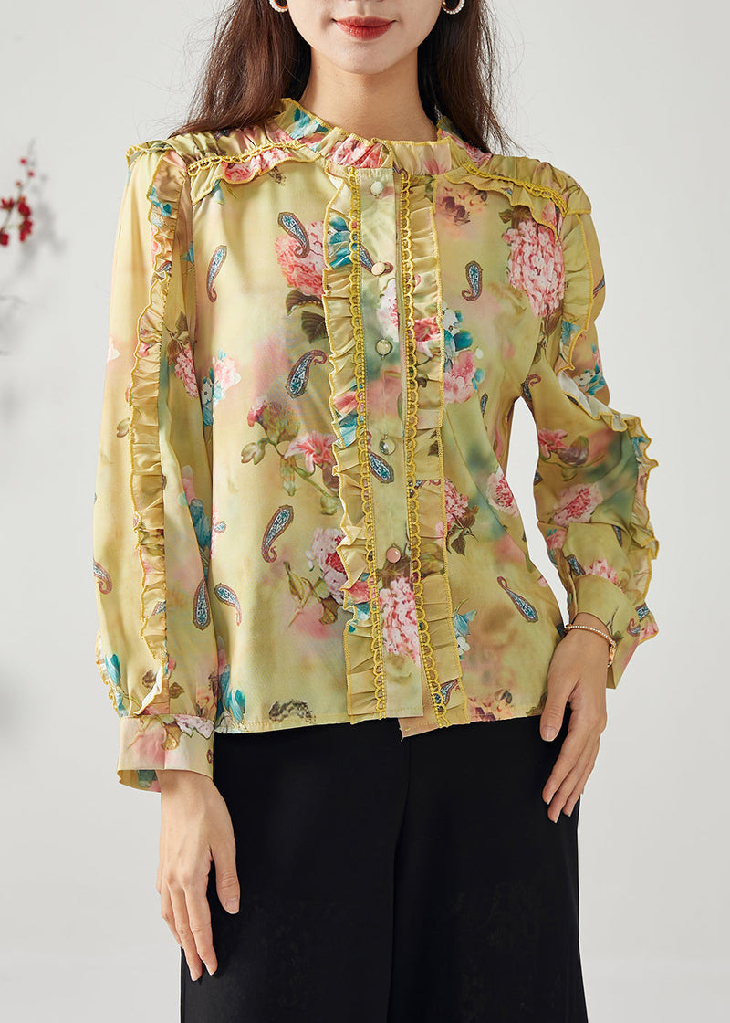Yellow Ruffled Patchwork Print Chiffon Top Spring
