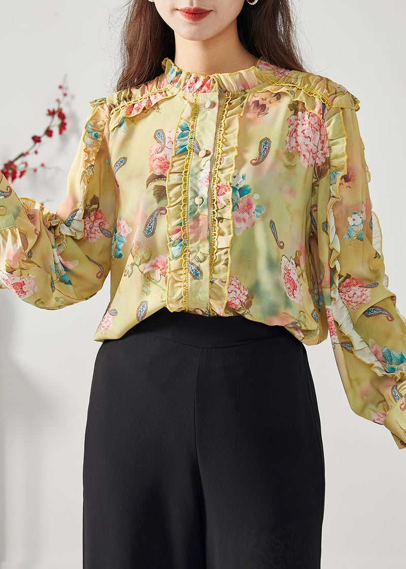 Yellow Ruffled Patchwork Print Chiffon Top Spring