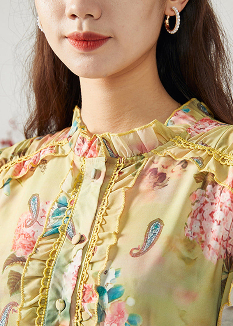 Yellow Ruffled Patchwork Print Chiffon Top Spring