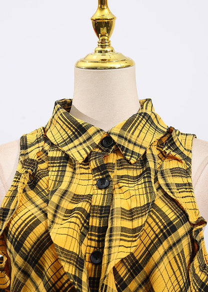 Yellow Ruffled Plaid Cotton Blouse Tops Sleeveless