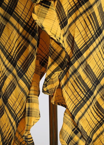 Yellow Ruffled Plaid Cotton Blouse Tops Sleeveless