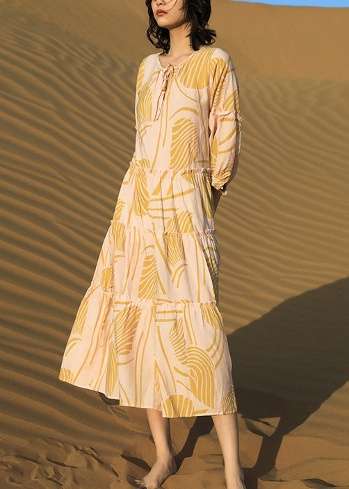 Yellow Ruffled Print Lace Up Cotton Long Dresses Half Sleeve