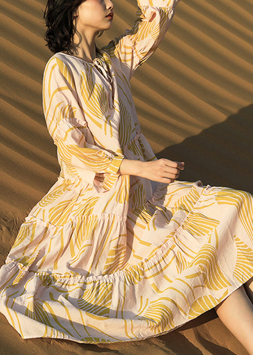 Yellow Ruffled Print Lace Up Cotton Long Dresses Half Sleeve