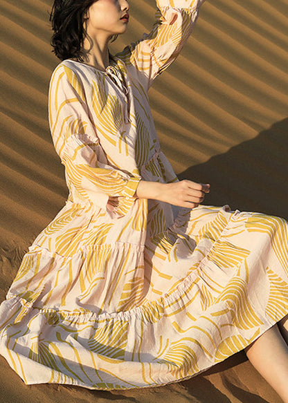 Yellow Ruffled Print Lace Up Cotton Long Dresses Half Sleeve
