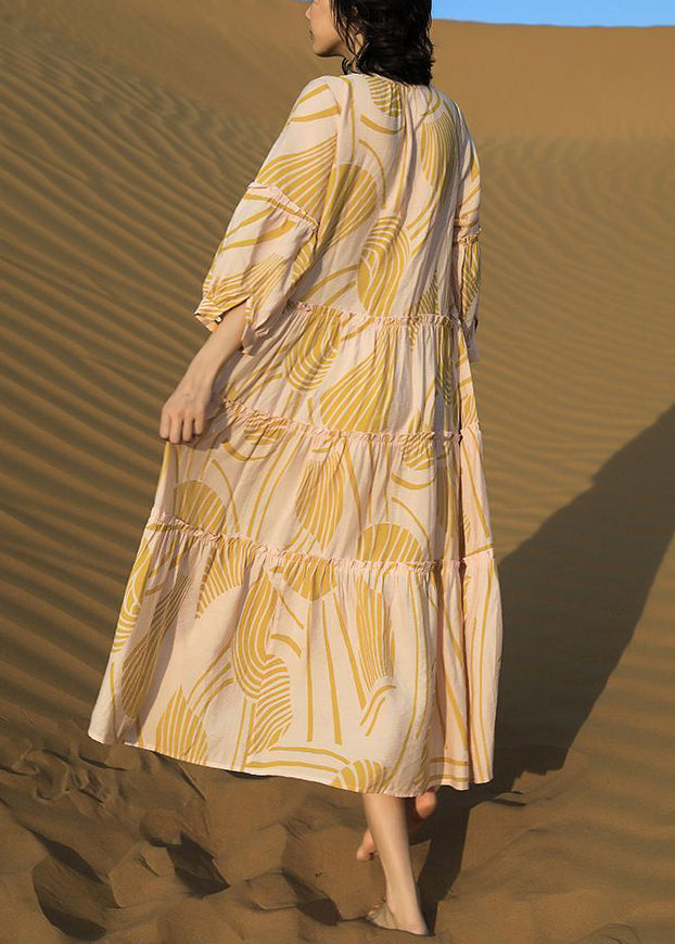 Yellow Ruffled Print Lace Up Cotton Long Dresses Half Sleeve